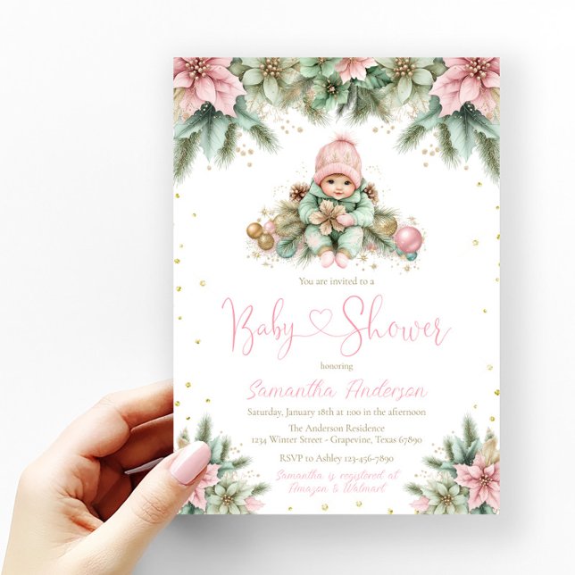 Convites Menina de Natal Poinsettia Rosa Salmão Verde Doura (Baby girl pink, green and gold glitter winter holiday Christmas flowers baby shower invitation.)