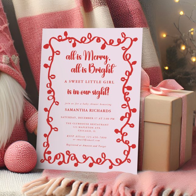 Convites Menina de Natal rosa vermelho luzes chá de bebê (Criador carregado)