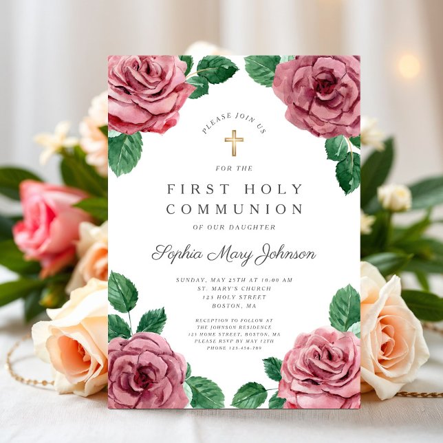 Convites Menina de Peônias Rosa Flora Comungão Religiosa Pr (Floral Pink Peonies Girl Religious First Communion Invitation)