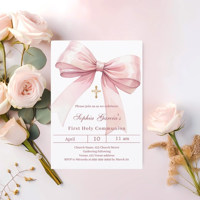 Convites Menina de primeira comunhão com laço rosa (Criador carregado)