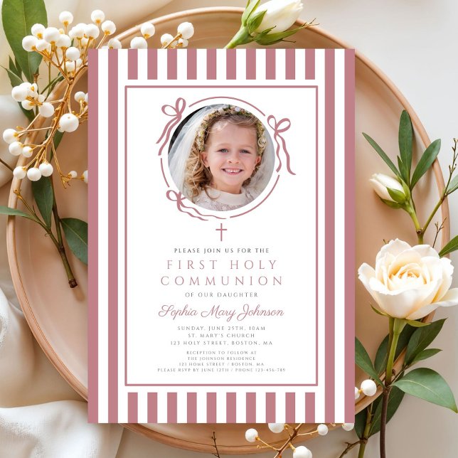 Convites Menina de Primeira Comunhão com Laço Rosa Elegante (Elegant Pink Bow Photo Girl First Communion Invitation)