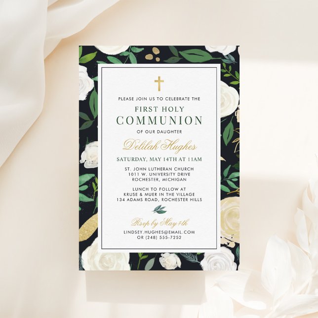 Convites Menina de Primeira Comunhão Floral Preto Verde Dou (Criador carregado)
