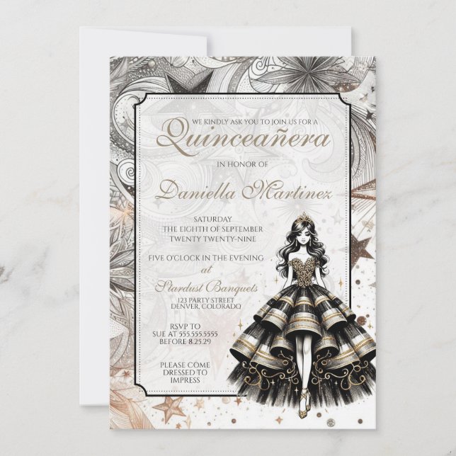 Convites Menina de Quinceañera Preta e Dourada (Frente)