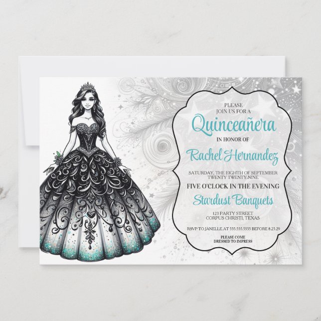 Convites Menina de Quinceañera Preto e Azul Turquesa (Frente)