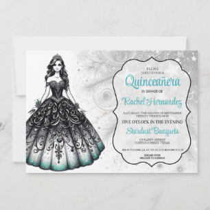 Convites Menina de Quinceañera Preto e Azul Turquesa