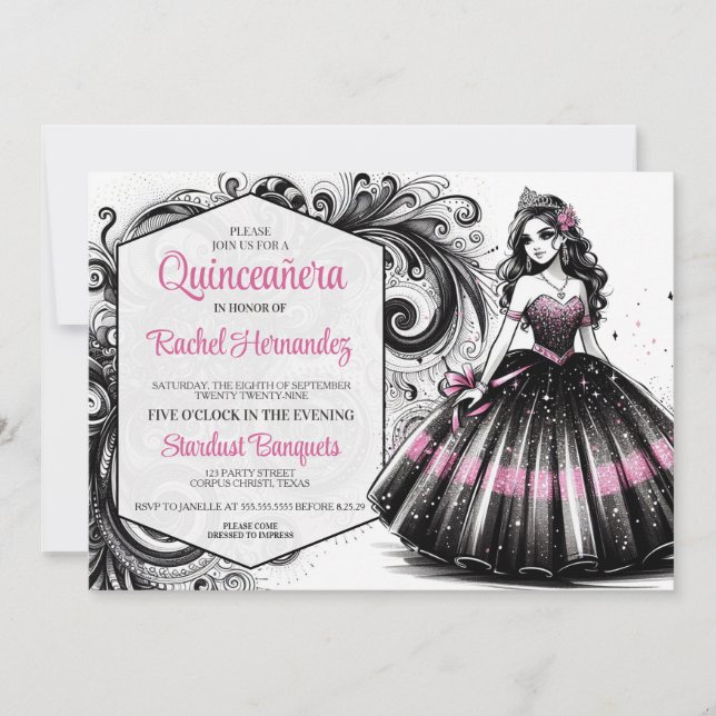 Convites Menina de Quinceañera Rosa e Preto (Frente)