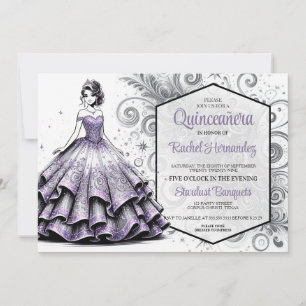 Convites Menina de Quinceañera Roxa e Prata