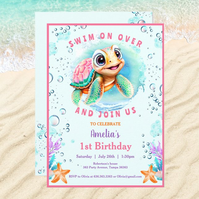 Convites Menina de Tartaruga do Mar de Bebê Era Personaliza (Cute Sea Turtle Invitation For a Girl. If you need for a Boy, just visit the store :) Kate Eden Art)