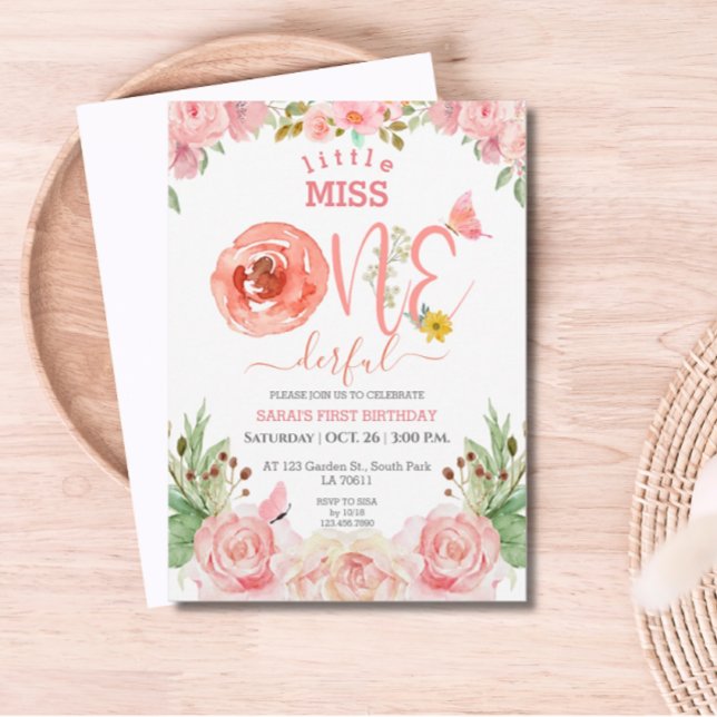 Convites Menina de Tema Floral Primeiro Aniversário (Little Miss One-derful birthday invite)
