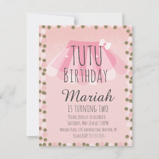 Convites Menina de Tutu Aniversário Rosa Pontos de Brilho F (Frente)