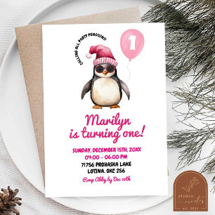 Convites Menina de um ano de idade, pinguim rosa de inverno