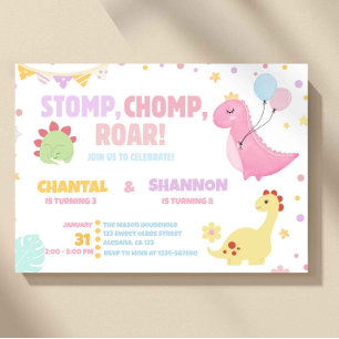 Convites Menina Dinossauro Rosa Pastel Aniversário Conjunto