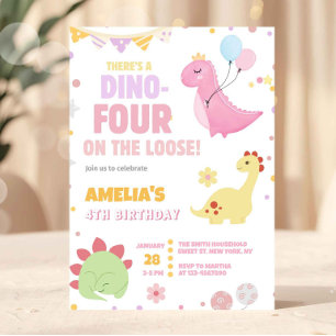 Convites Menina Dinossauro Rosa Pastel Aniversário de 4 Ano