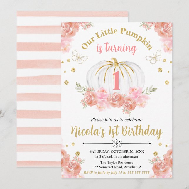 Convites Menina do Abóbora Floral Rosa e Dourado 1º Anivers (Frente/Verso)