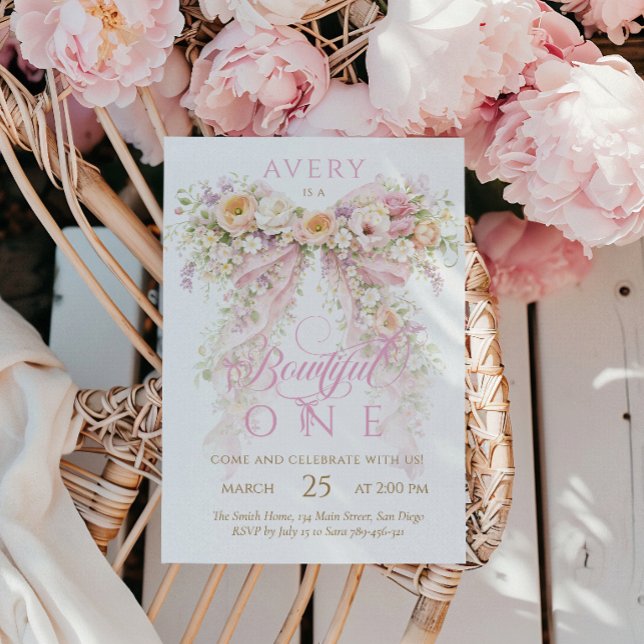 Convites Menina do Arco Floral Bloom Primeiro Aniversário (Criador carregado)