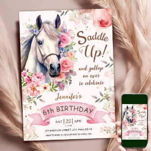 Convites Menina do Cavalo Aniversário de 6 anos Flores Rosa