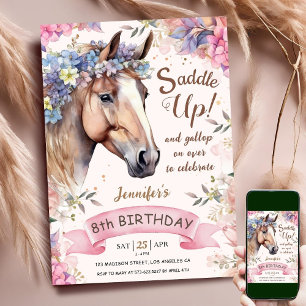Convites Menina do Cavalo Aniversário de 8 anos Flores Rosa