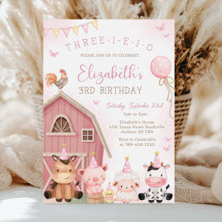 Convites Menina do Celeiro Rosa Fazenda Animal Três-I-E-I-Ó