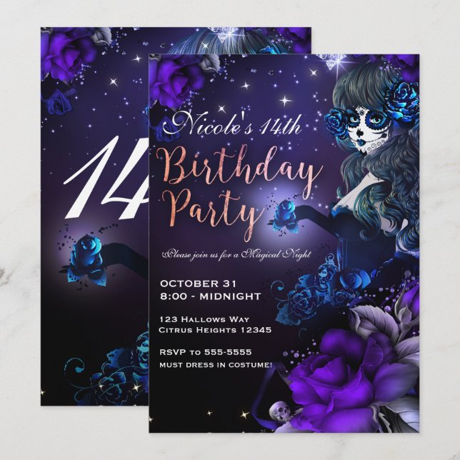 Convites Menina do Dia dos Mortos Festa de Aniversário Azul (Frente/Verso)