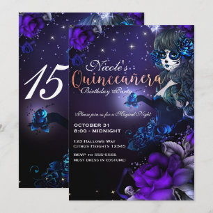 Convites Menina do Dia dos Mortos Festa de Quinze Anos Azul