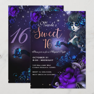 Convites Menina do Dia dos Mortos Roxo Azul Festa de 16 Ano