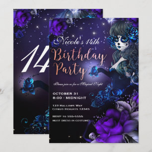 Convites Menina do Dia dos Mortos Roxo Azul Festa de Aniver