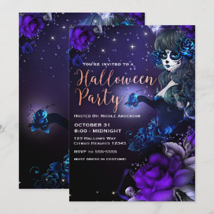 Convites Menina do Dia dos Mortos Roxo Azul Festa de Hallow
