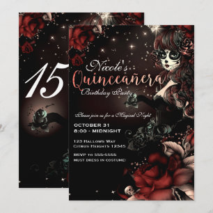 Convites Menina do Dia dos Mortos Vermelha Preta Festa de Q