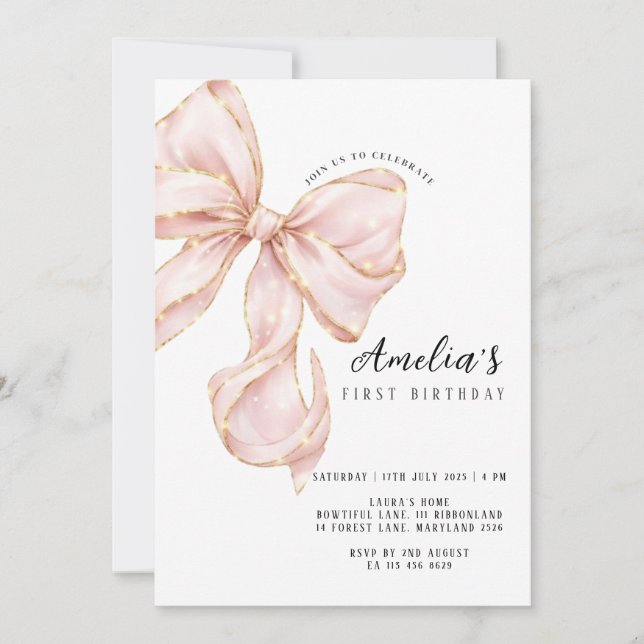 Convites Menina do Laço Rosa Primeiro Aniversário (Frente)