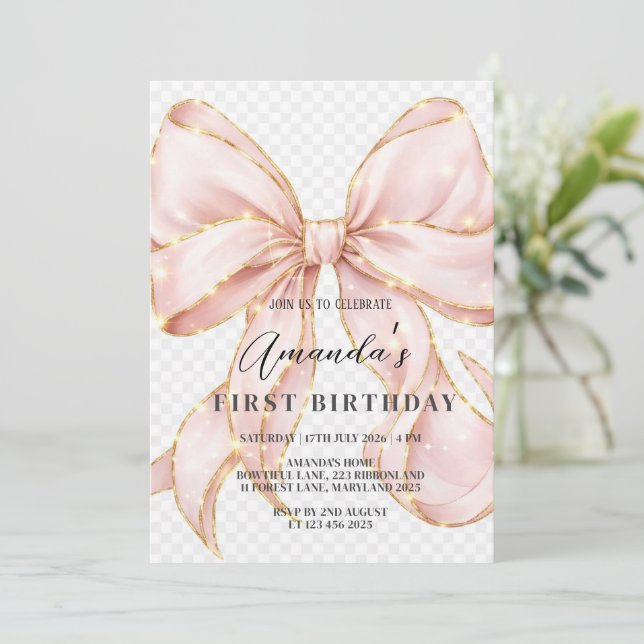Convites Menina do Laço Rosa Primeiro Aniversário (Em pé/Frente)