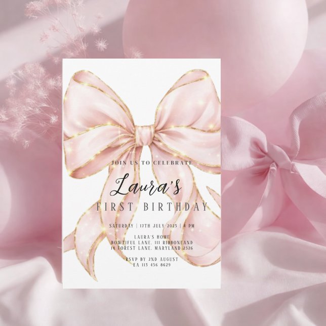 Convites Menina do Laço Rosa Primeiro Aniversário (Criador carregado)