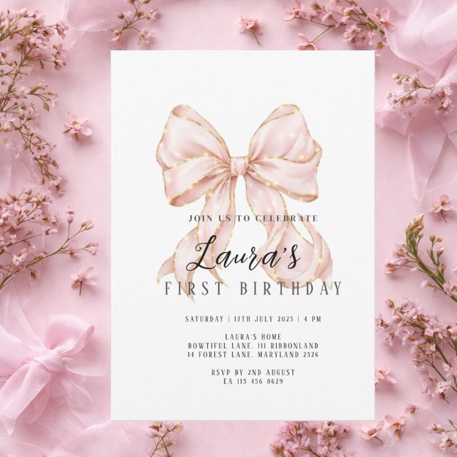 Convites Menina do Laço Rosa Primeiro Aniversário (Criador carregado)