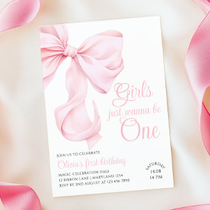 Convites Menina do Laço Rosa Primeiro Aniversário