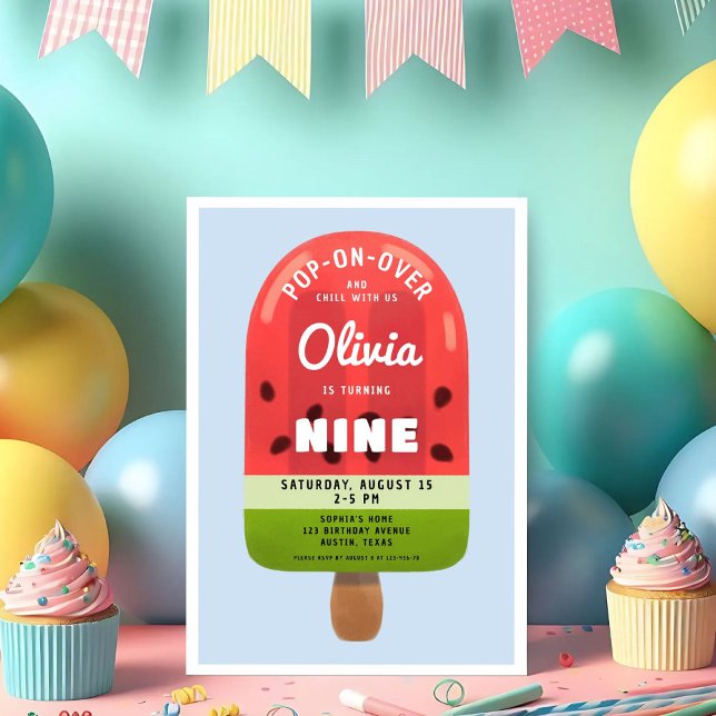 Convites Menina do Picolé de Melão Fofo de 9 Anos (Cute Melon Popsicle Girl 9th Birthday Invitation)