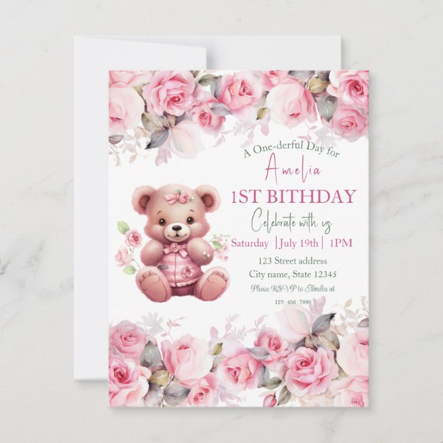 Convites Menina do Urso Teddy Boho Urso Rosa Floral Anivers (Frente)