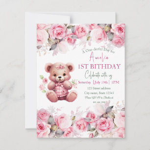 Convites Menina do Urso Teddy Boho Urso Rosa Floral Anivers