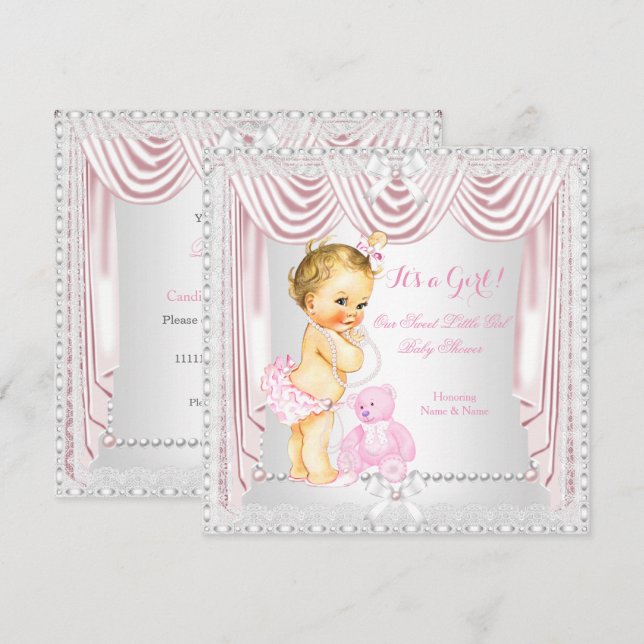 Convites Menina Doce Chuveiro de Bebê Rosa Cetim Louro Bebê (Frente/Verso)