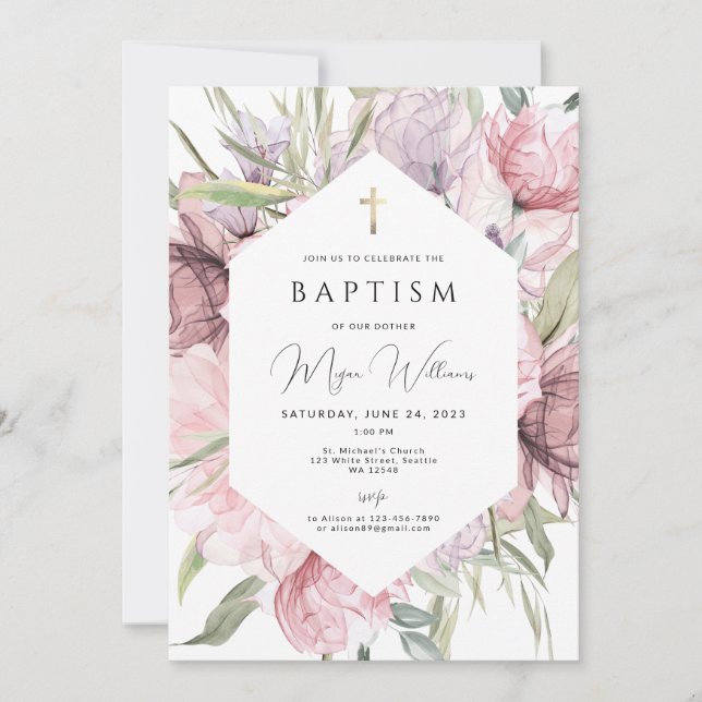 Convites Menina Dourada Elegante Baptism Invitati (Frente)