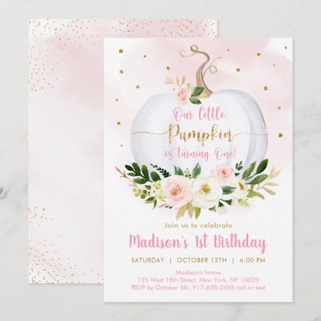 Convites Menina Dourada rosa rosa-abóbora Primeiro Aniversá (Frente/Verso)