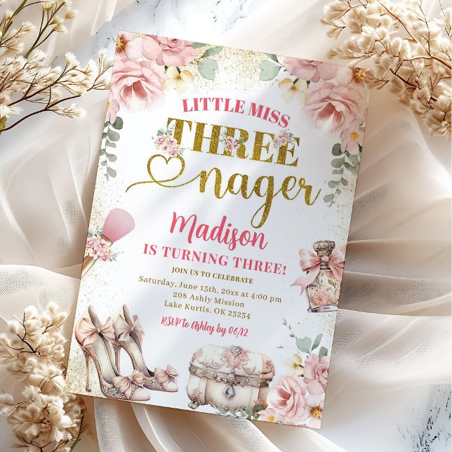 Convites Menina Dourada rosa Threenager Terceiro Aniversári (Criador carregado)