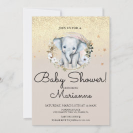 Convites Menina Elefante Menino Bebê Chuveiro Faux Dourado 