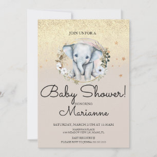 Convites Menina Elefante Menino Bebê Chuveiro Faux Dourado 