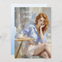 Menina elegante em azul e branco em um café