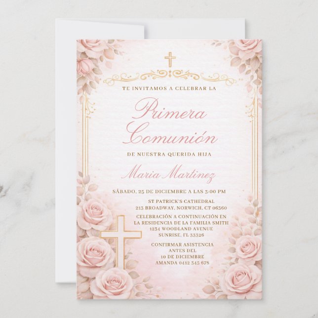 Convites Menina Espanhola Flor de Pêssego Primera Comunhão  (Frente)