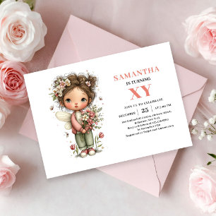 Convites Menina Fada 7º Aniversário Rosa Floral Caprichoso