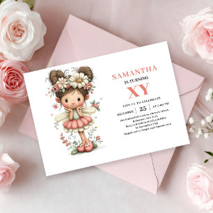 Convites Menina Fada 8º Aniversário Caprichoso Rosa Floral 