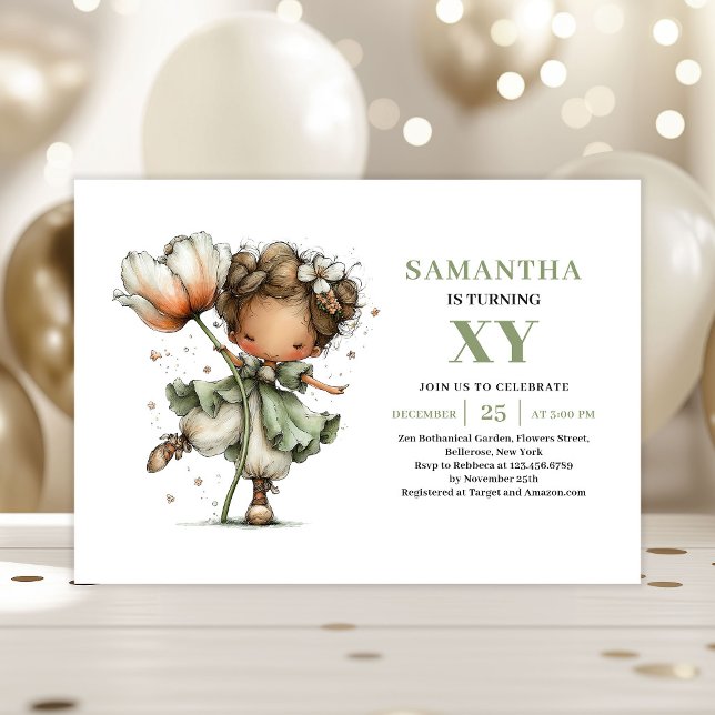 Convites Menina Fada Caprichosa 1º Aniversário Floral Sage (Celebrate a magical birthday with this whimsical fairy girl invitation, designed in soft sage and pa)