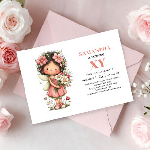 Convites Menina Fada Caprichosa 5º Aniversário Rosa Bege