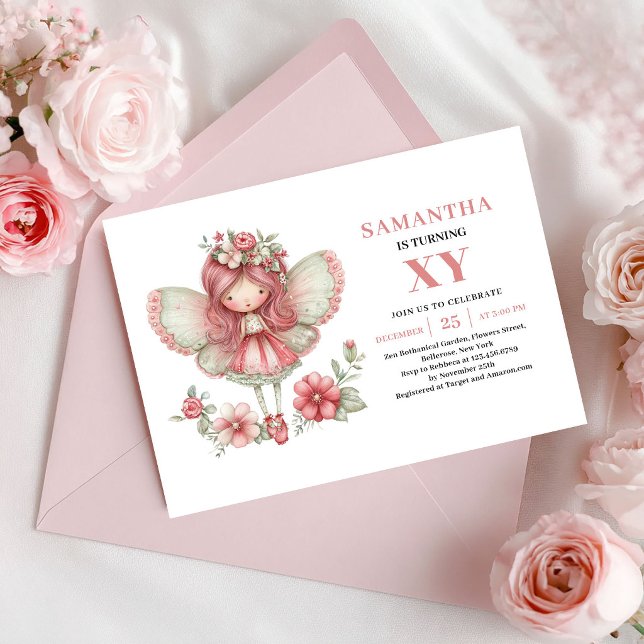 Convites Menina Fada Caprichosa 6º Aniversário Flores Cor-d (Whimsical Fairy Girl 6th Birthday Pink Flowers Invitation)
