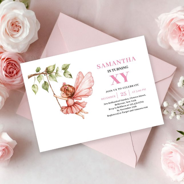 Convites Menina Fada Caprichosa 9º Aniversário Rosa Corado (Whimsical Fairy Girl 9th Birthday Blush Pink invitation)